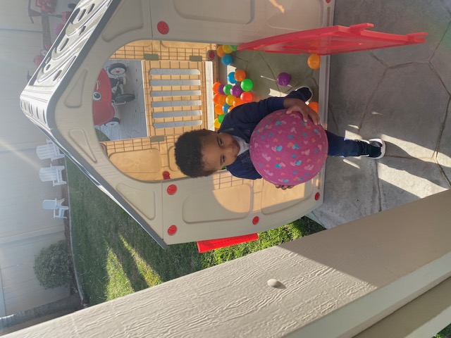 Child holding a pink ball in the backyard playhouse