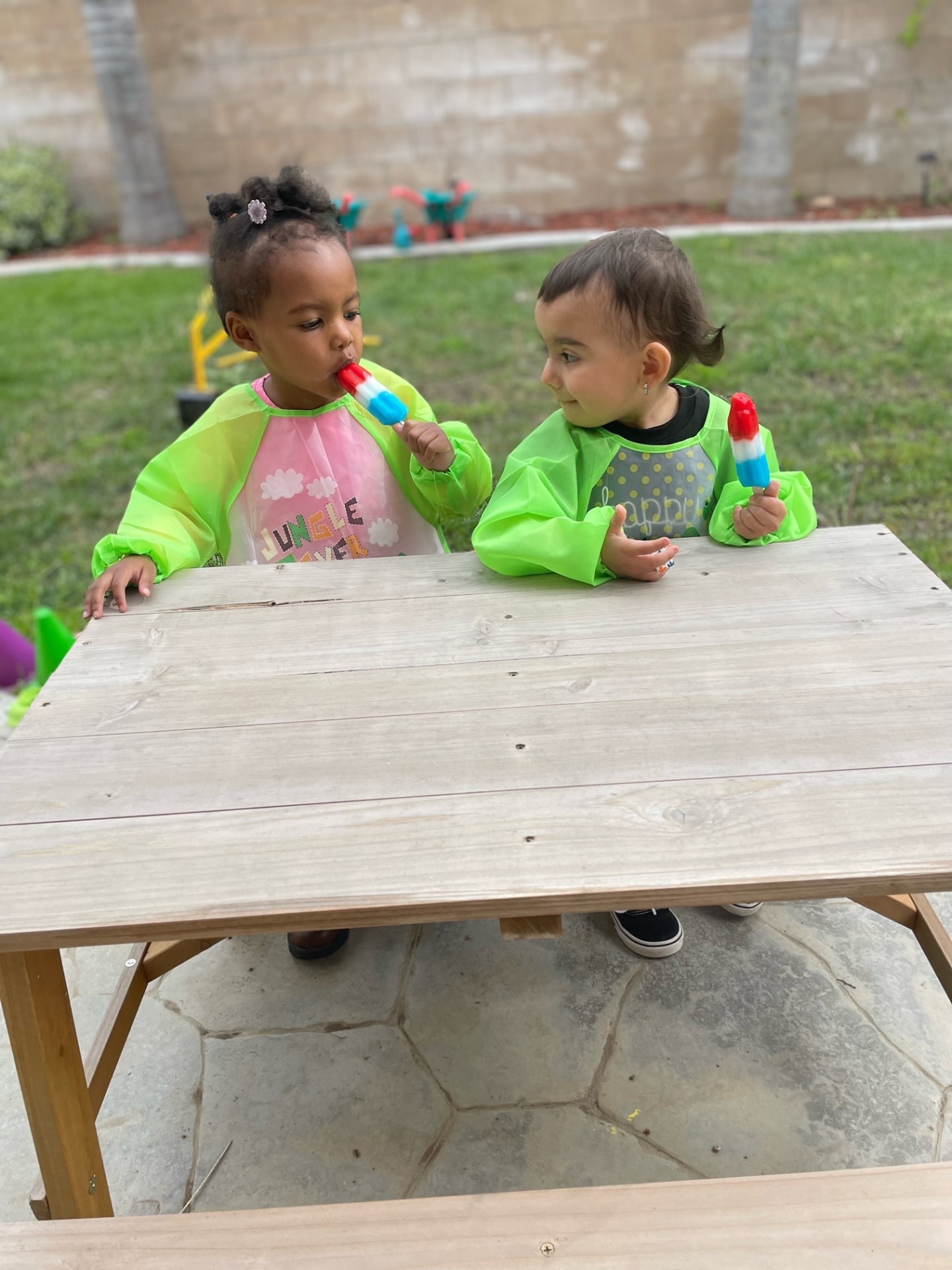 Two toddlers in smocks enjoying popsicles at a backyard picnic table