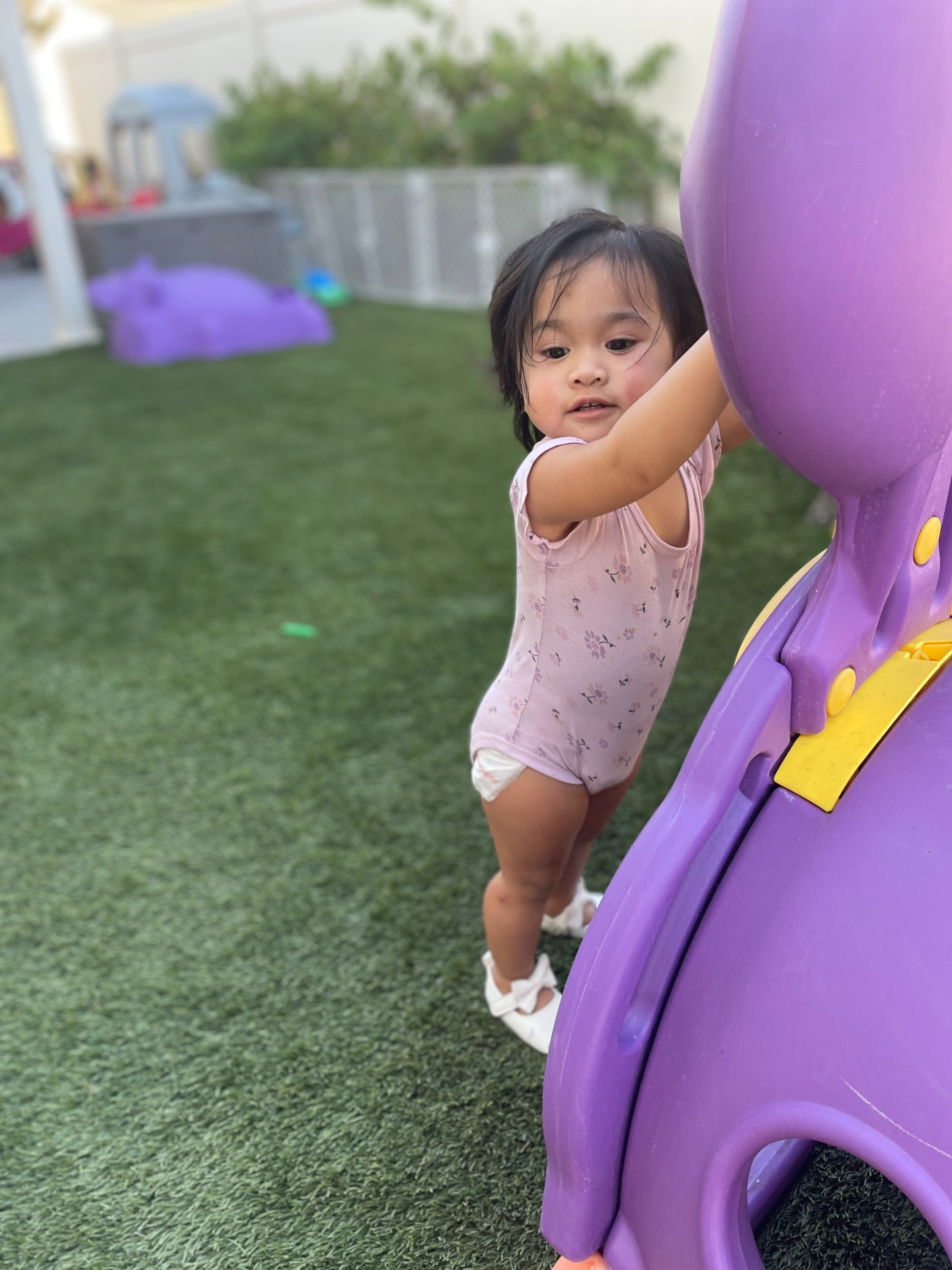 Toddler climbing a purple slide on the grassy play yard