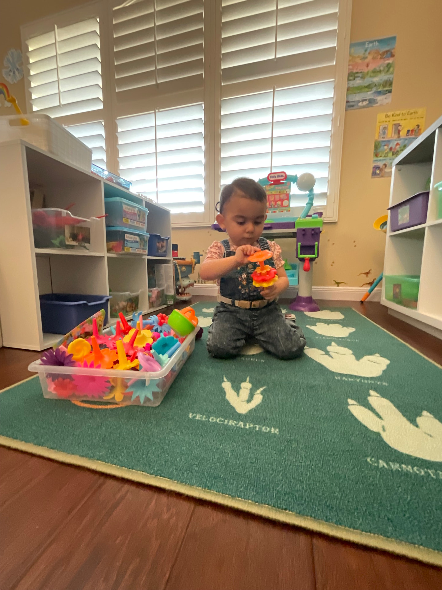 Child stacking colorful building flowers on a dinosaur rug