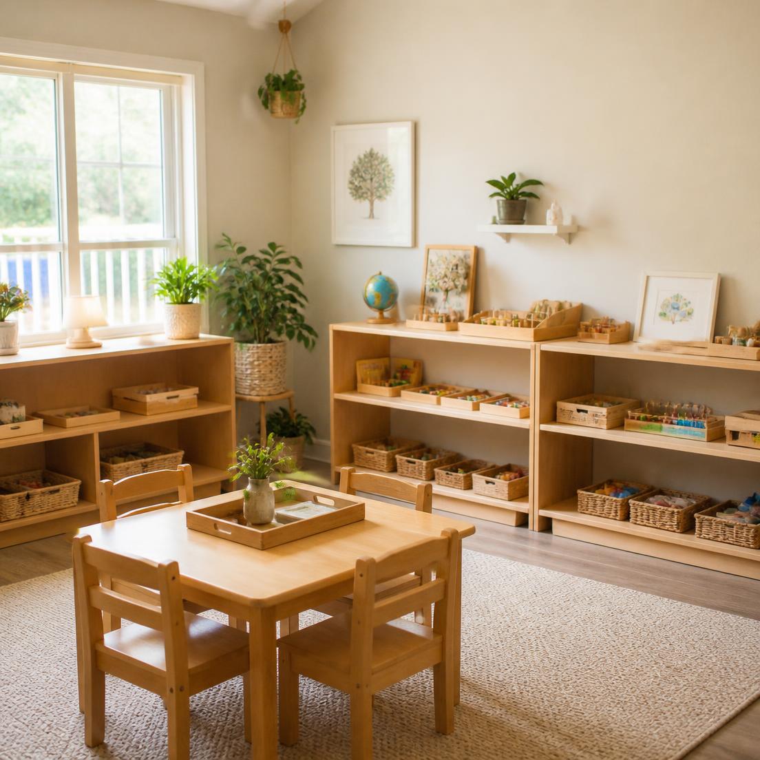 Warm in-home preschool learning room with wooden shelves and child-size table