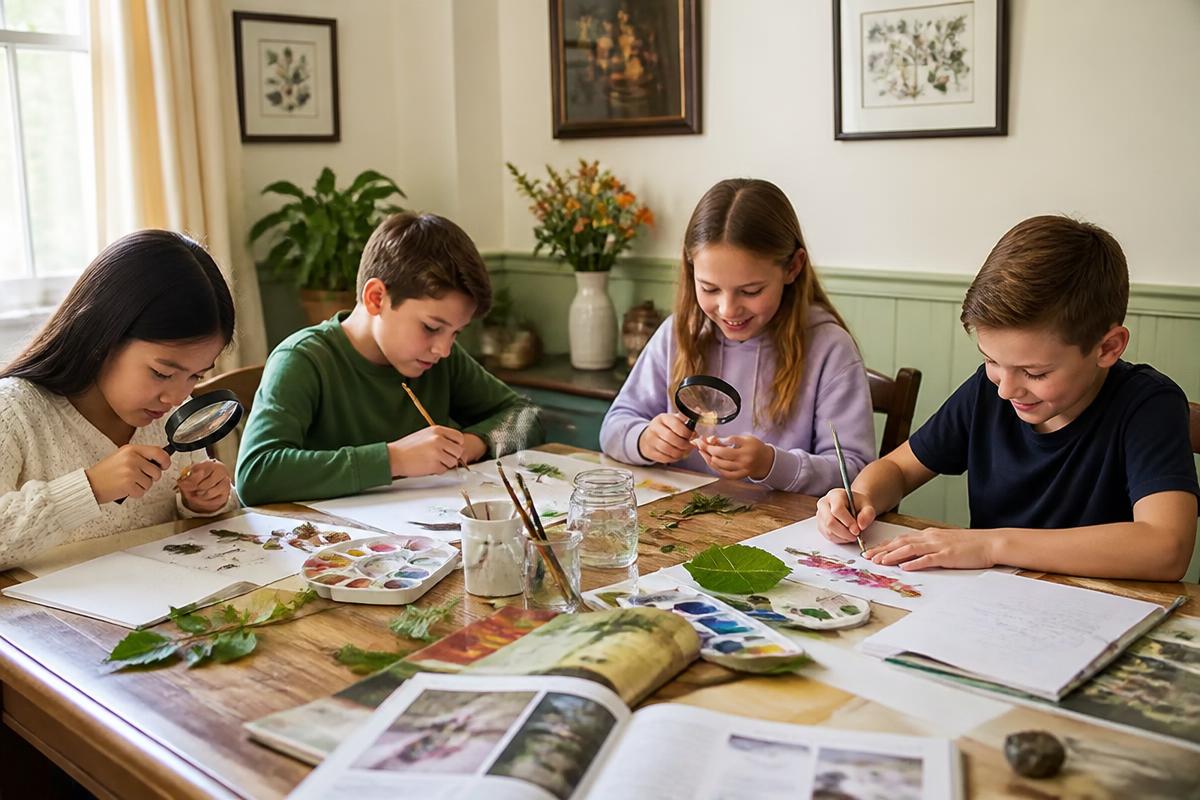 School-age children doing a science and art activity together at a home table