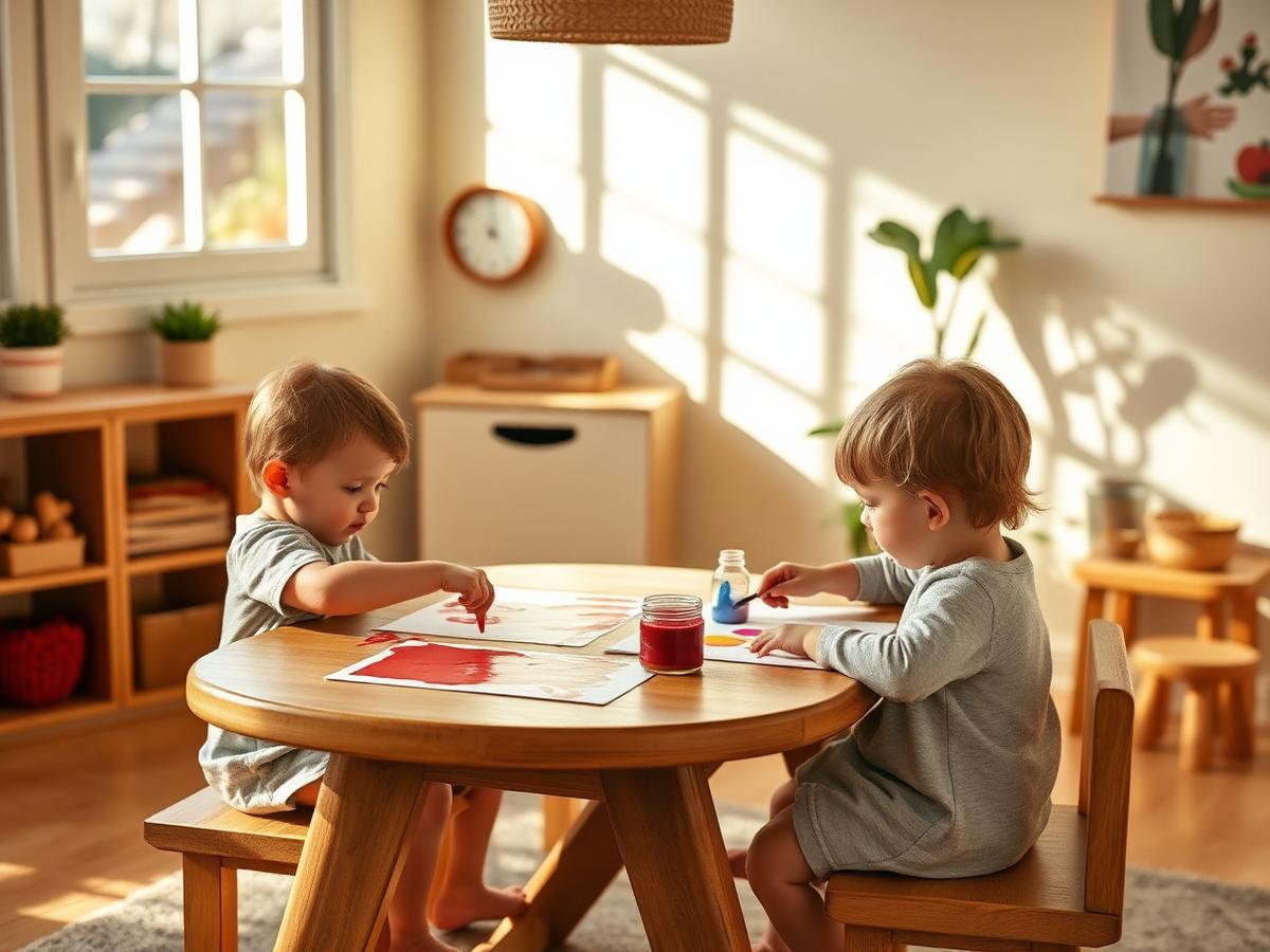 Two toddlers finger painting at a wooden table in a sunlit playroom