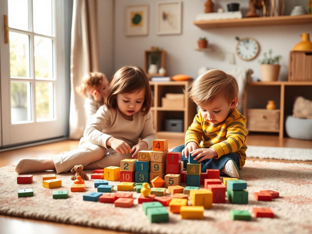 Children building with numbered wooden blocks on a rug