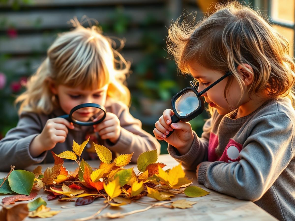 Two children examining autumn leaves with magnifying glasses