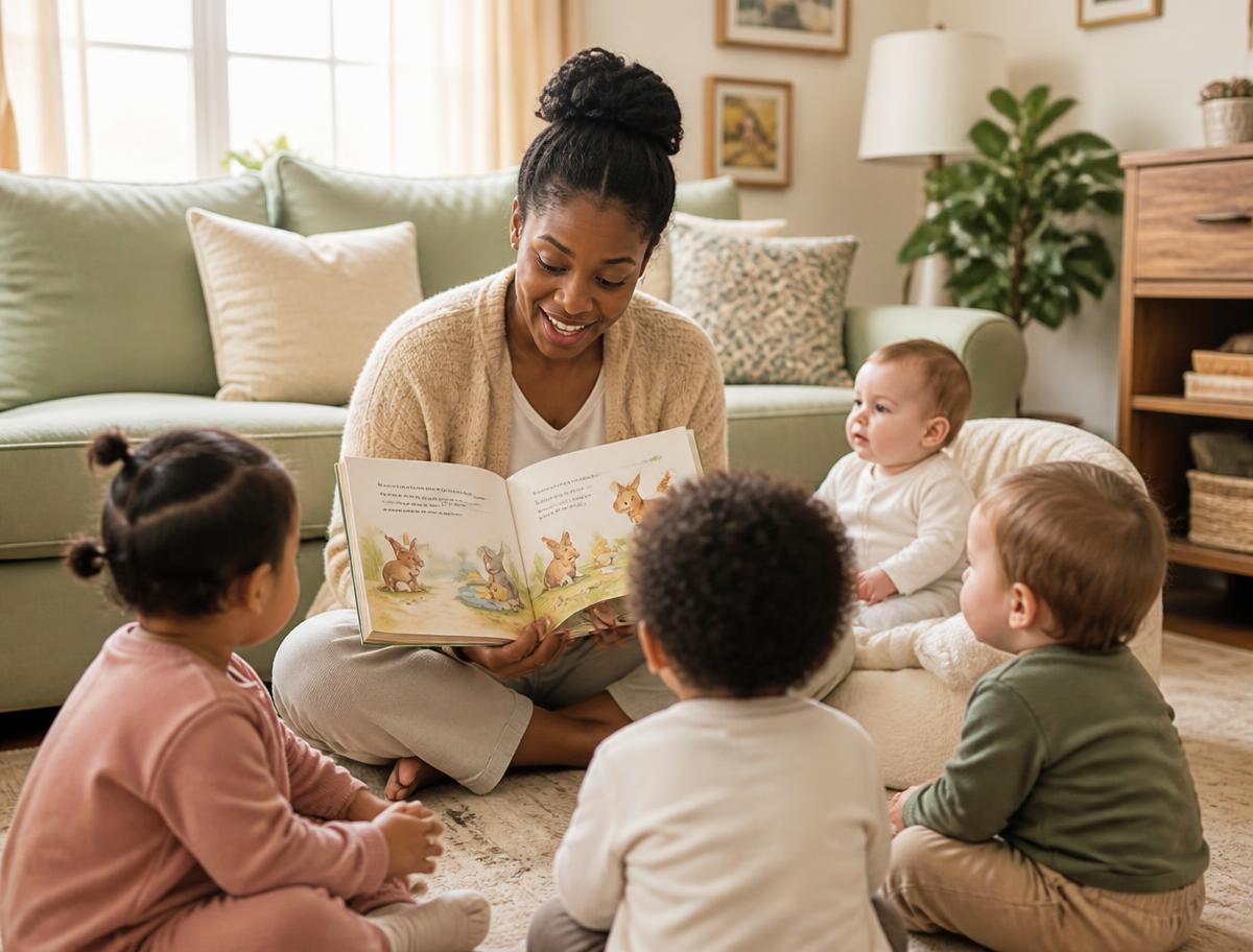 Provider reading aloud to a mixed-age group of children